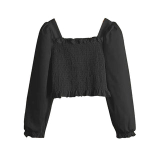 Tweenstyle Matte Satin Smocked Crop Top w/Balloon Sleeve - Black, Tweenstyle, Black, Boxy Tee, cf-size-12, cf-type-top, cf-vendor-tweenstyle, Crop Top, Satin, Tweenstyle, Tweenstyle by Stooph