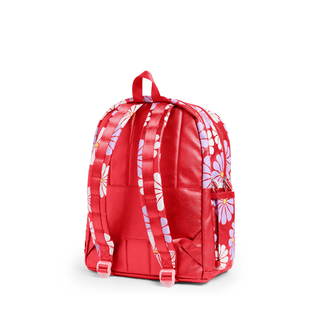 State Bags Kane Double Pocket Backpack - Ruby Floral Red backpack with floral patterns on a white background