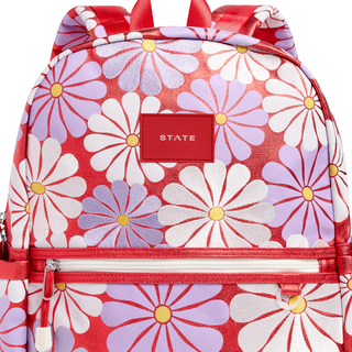 State Bags Kane Double Pocket Backpack - Ruby Floral Floral-patterned backpack with 'STATE' label on a white background