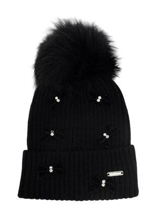 Bari Lynn Small Velvet Bow on Ribbed Fur Pom Hat - Black
Black knit beanie with a large fur pom-pom on a white background