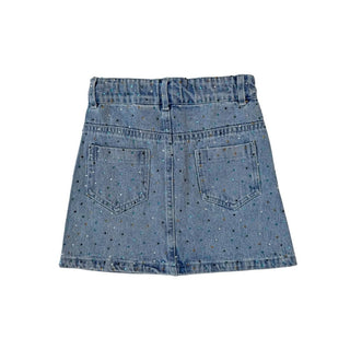 Lola and The Boys Rainbow Sparkle Denim Skirt
Blue denim skirt with speckled pattern on a white background