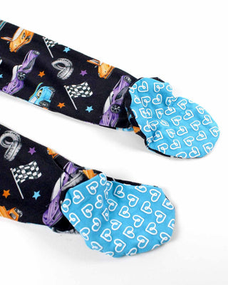 Lev Baby Zippered Footie - Elias
Colorful socks with car and heart patterns on a white background