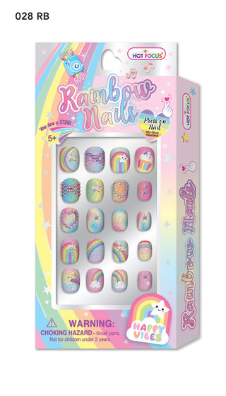 Hot Focus Rainbow Nails Press On Nails 
Hot Focus Rainbow Nails packaging with colorful design and nail samples.