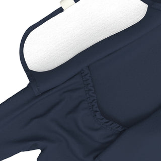 Bonsie Footie - Midnight Blue
Navy blue swimsuit with white strap on a white background