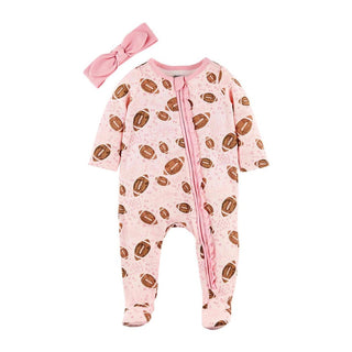 Mud Pie Pink Football Sleeper & Headband Set, Mud Pie, Baby Girl Baby Shower Gift, Baby Girl Gift, Baby Shower Gift, cf-size-3-6-months, cf-type-footie, cf-vendor-mud-pie, Football, Football