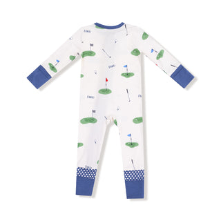 Angel Dear 2 Way Zipper Romper - All Fore Golf
Children's onesie with golf course pattern on a white background