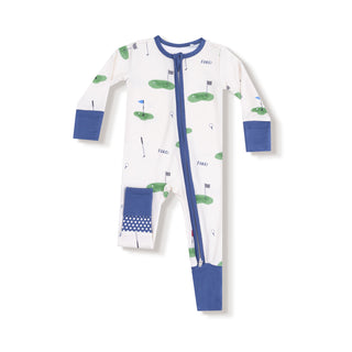 Angel Dear 2 Way Zipper Romper - All Fore Golf
Children's onesie with golf-themed design on a white background