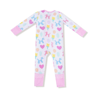 Angel Dear 2 Way Zipper Romper - Balloon Animals Pink
Children's onesie with colorful pattern on a white background