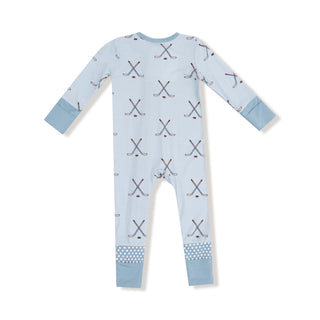 Angel Dear 2 Way Zipper Romper - Hockey Stone Blue
Light blue baby onesie with hockey stick pattern on a white background