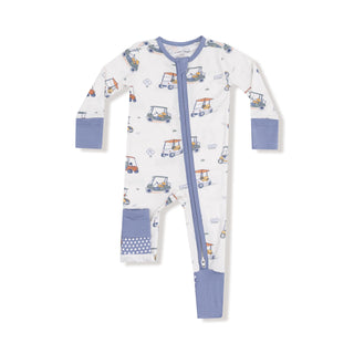 Angel Dear 2 Way Zipper Romper - Zooming Golf Carts
Baby onesie with car pattern and blue accents on a white background