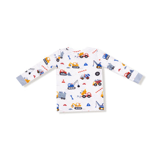 Angel Dear Long Sleeve Loungewear Set - Crayon Construction Children's long-sleeve shirt with construction vehicle pattern on a white background