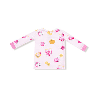 Angel Dear Long Sleeve Loungewear Set - Hanukkah Pink
Children's long-sleeve shirt with colorful patterns on a white background