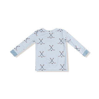 Angel Dear Long Sleeve Loungewear Set - Hockey Stone Blue
Children's long-sleeve shirt with hockey stick pattern on a light blue background