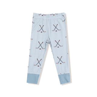 Angel Dear Long Sleeve Loungewear Set - Hockey Stone BlueLight blue children's leggings with hockey stick pattern on a white background