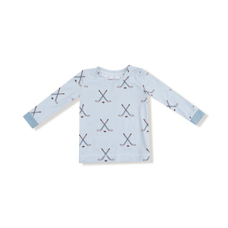 Angel Dear Long Sleeve Loungewear Set - Hockey Stone Blue
Light blue long-sleeve shirt with hockey stick pattern on a white background