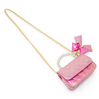 Zomi Gems Shiny Quilted Fluffy Bow Handbag - Hot Pink
Pink handbag with a gold chain and pink bow on a white background