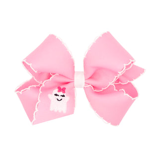 Medium Wee Ones Ghost Embroidered Pink Grosgrain Hair Bow on Clippie
Medium pink hair bow with a smaller bow inside on a white background
