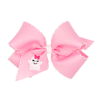 King Wee Ones Ghost Embroidered Pink Grosgrain Hair Bow on Clippie Large pink hair bow with a small white ghost character wearing a pink bow on a white background
