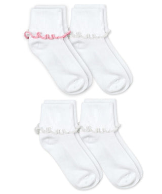 Jefferies Socks Ripple Edge Smooth Toe Turn Cuff Socks 2 Pair Pack Two pairs of white socks with decorative ribbons on a white background