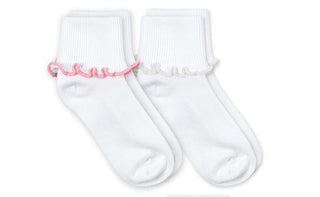 Jefferies Socks Ripple Edge Smooth Toe Turn Cuff Socks 2 Pair Pack Two pairs of white socks with decorative ribbons on a white background