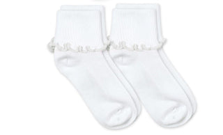 Jefferies Socks Ripple Edge Smooth Toe Turn Cuff Socks 2 Pair Pack Two pairs of white socks with decorative ribbons on a white background