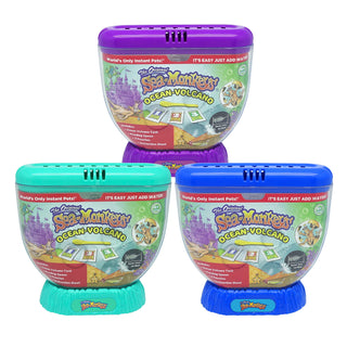 Schylling Three Sea Monkeys Ocean Volcano toys in different colors on a white background