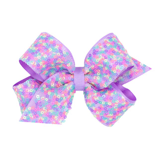 Wee Ones Sequin Overlay Bow on Clippie - Light Orchid
Multicolored floral hair bow with purple center on a white background