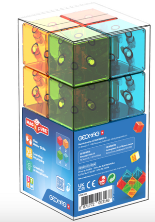 Geomag Magicube Gems Crystal 8pc Set Cube-shaped puzzle toy in a transparent packaging with GEDOMG branding on a white background