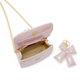 Zomi Gems Shiny Quilted Fluffy Bow Handbag - Pink
Pink handbag with gold chain and matching bow earring on a white background
