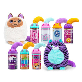 Schylling Misfittens Surprise Cat Plush toys resembling a llama and a cat with colorful packaging on a white background