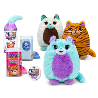 Schylling Misfittens Surprise Cat Colorful plush toys resembling cats and cans of cat food on a white background