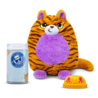 Schylling Misfittens Surprise Cat Plush cat toy with a can of catnip coffee and a small yellow hat on a white background
