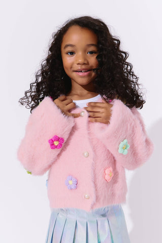 Lola and The Boys 3D Rainbow Daisy Cardigan Young girl wearing a pink cardigan with floral embellishments on a white background