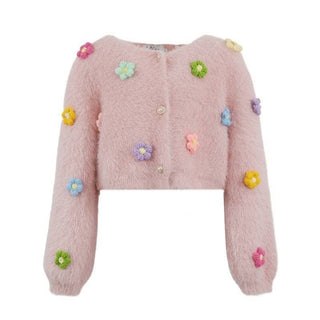 Lola and The Boys 3D Rainbow Daisy Cardigan Pink fluffy cardigan with colorful flower buttons on a white background