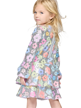 Baby Sara Flower Sequin with Tiered Skirt Long Sleeve Dress
Young girl wearing a floral dress with a gray background
