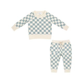 Angel Dear French Terry Raglan Sweatshirt & Jogger Set - Checkerboard Gray Mist
