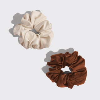 Kitsch Cream & Camel Oversized Scrunchies
Two scrunchies, one beige and one brown, on a light gray background.