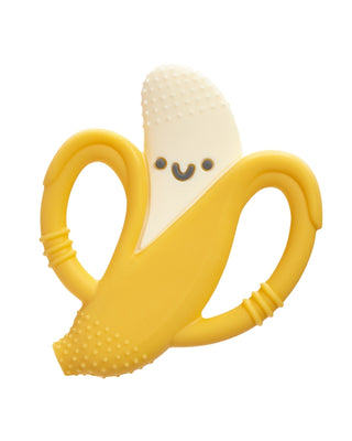 Itzy Ritzy Chew Crew® - Banana Yellow banana-shaped teether with a white center on a white background