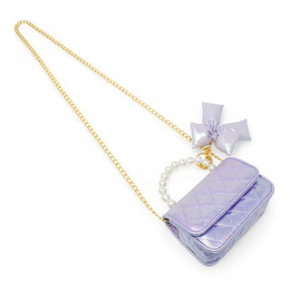 Zomi Gems Shiny Quilted Fluffy Bow Handbag - Purple
Purple quilted handbag with a gold chain and bow on a white background