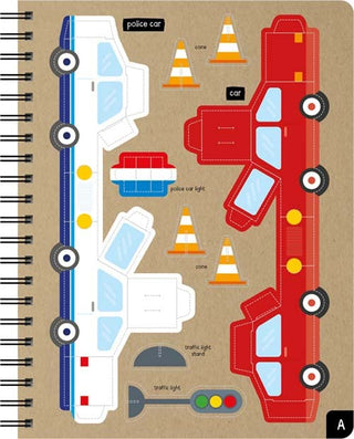Cardboard Builder on the Go Hardcover Book
Notebook with cut-out vehicle shapes and labels on a beige background