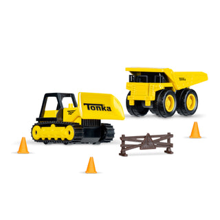 Schylling Tonka Mini Metals 2 Pack Toy bulldozer and dump truck set with traffic cones on a white background, featuring the Tonka brand.