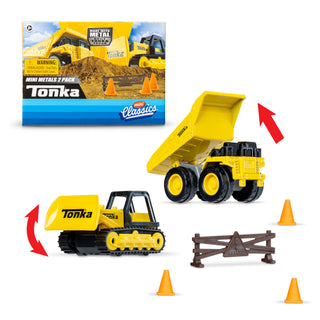Schylling Tonka Mini Metals 2 Pack Tonka toy construction vehicles with packaging and accessories on a white background