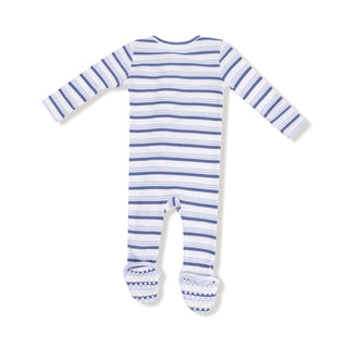 Angel Dear Footie with Zipper - Vintage Stripe Blue
Blue and white striped baby onesie on a white background