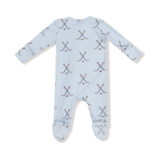 Angel Dear Footie with Zipper - Hockey Stone Blue
Baby onesie with hockey pattern on a light blue background