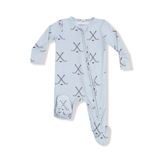 Angel Dear Footie with Zipper - Hockey Stone Blue
Light blue baby onesie with hockey pattern on a white background