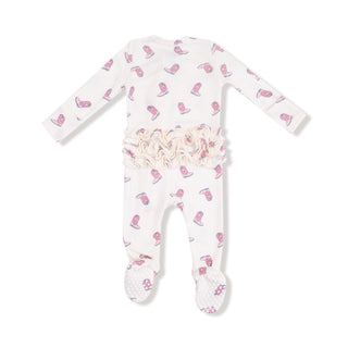 Angel Dear 2 Way Ruffle Back Zipper Footie - Petite Cowgirl Boots
Baby onesie with pink booties and ruffles on a white background