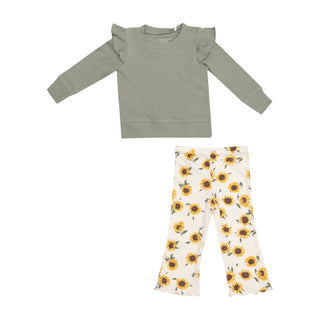 Angel Dear Ruffle Shoulder Waffle Shirt w/Flare Pant Set - Ribbed Baby Sunflowers