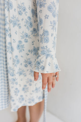 In My Jammers Blue Rose Garden Women's Robe
White dress with blue floral pattern on a plain background