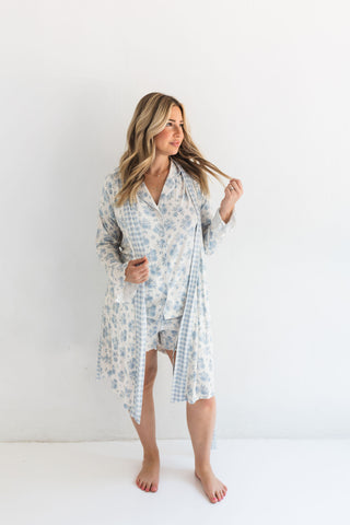 In My Jammers Blue Rose Garden Women's Robe
Woman wearing a floral robe against a white background