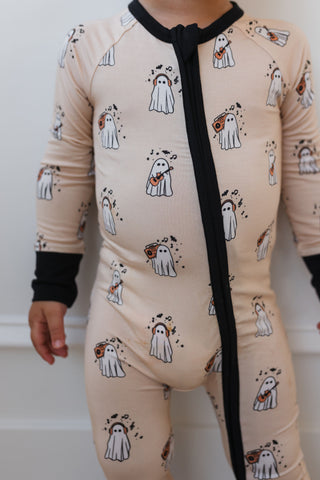 In My Jammers DJ BooMBox Zipper Romper Children's onesie with ghost pattern on a plain background